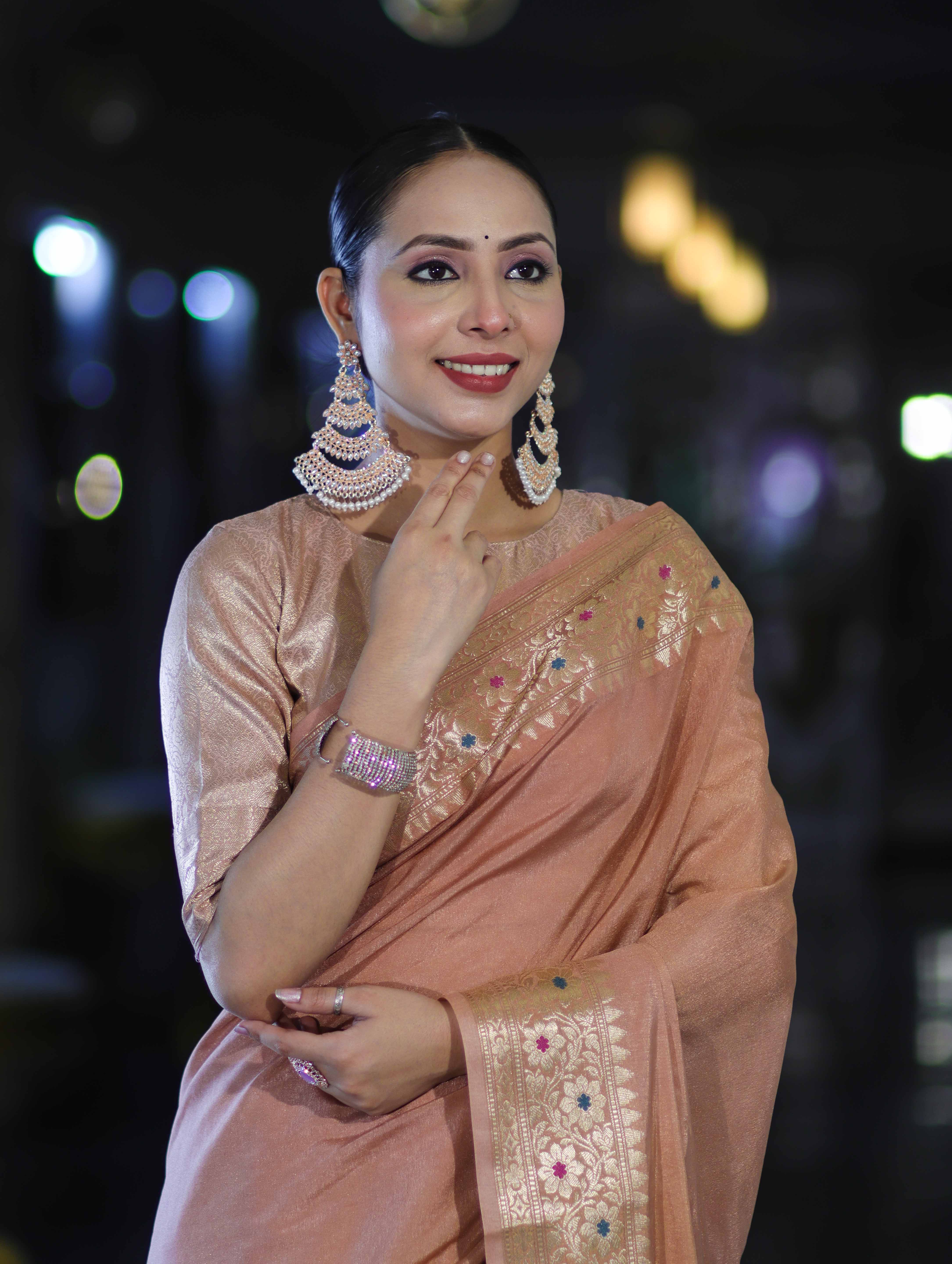 Banarasee Handloom Semi Silk Plain Saree With Zari Woven Border-Dusty Peach