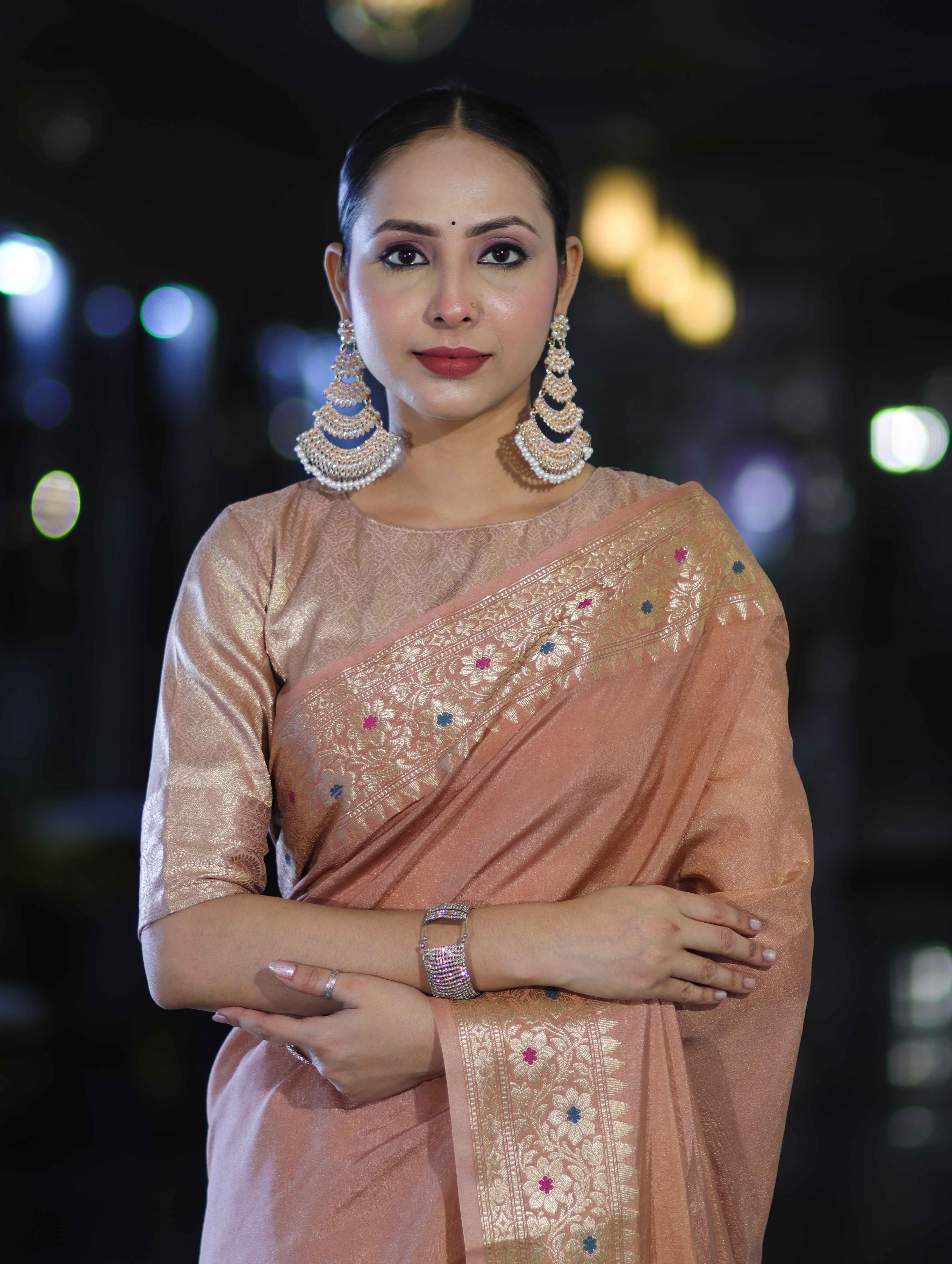 Banarasee Handloom Semi Silk Plain Saree With Zari Woven Border-Dusty Peach