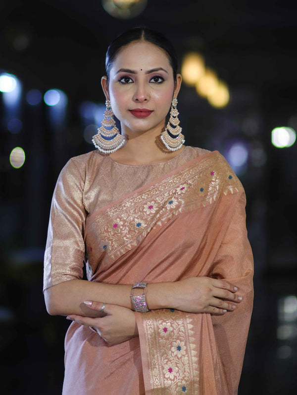 Banarasee Handloom Semi Silk Plain Saree With Zari Woven Border-Dusty Peach