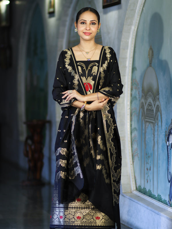 Banarasee Semi Katan Zari Work Salwar Kameez Fabric With Dupatta Set-Black
