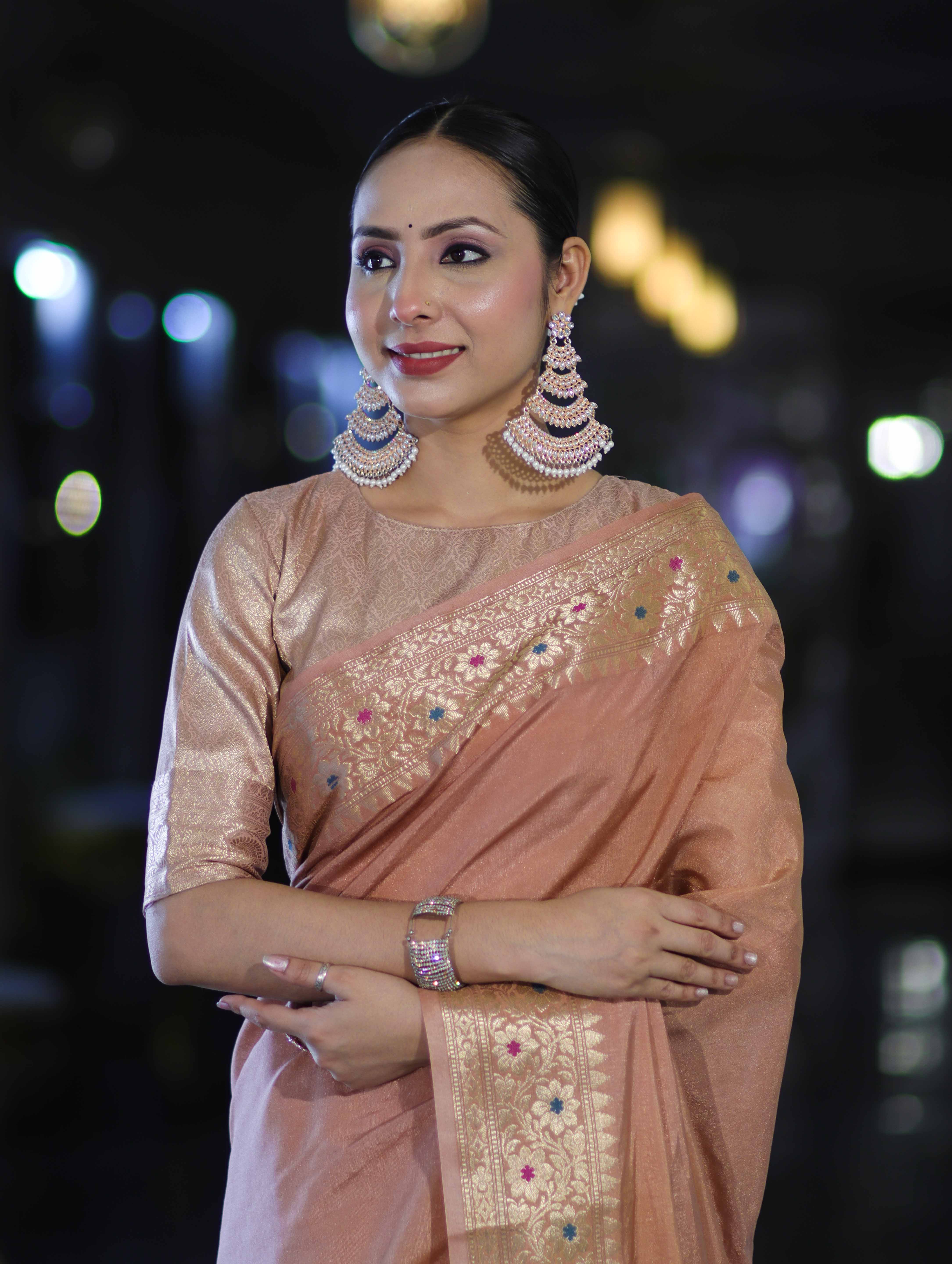 Banarasee Handloom Semi Silk Plain Saree With Zari Woven Border-Dusty Peach