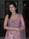 Banarasee Organza Saree With Handpainted Design and Cutdana Embroidery-Lavender