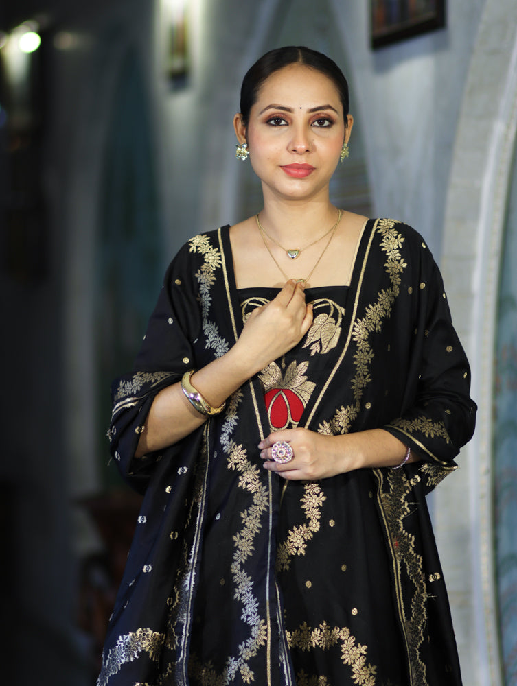 Banarasee Semi Katan Zari Work Salwar Kameez Fabric With Dupatta Set-Black