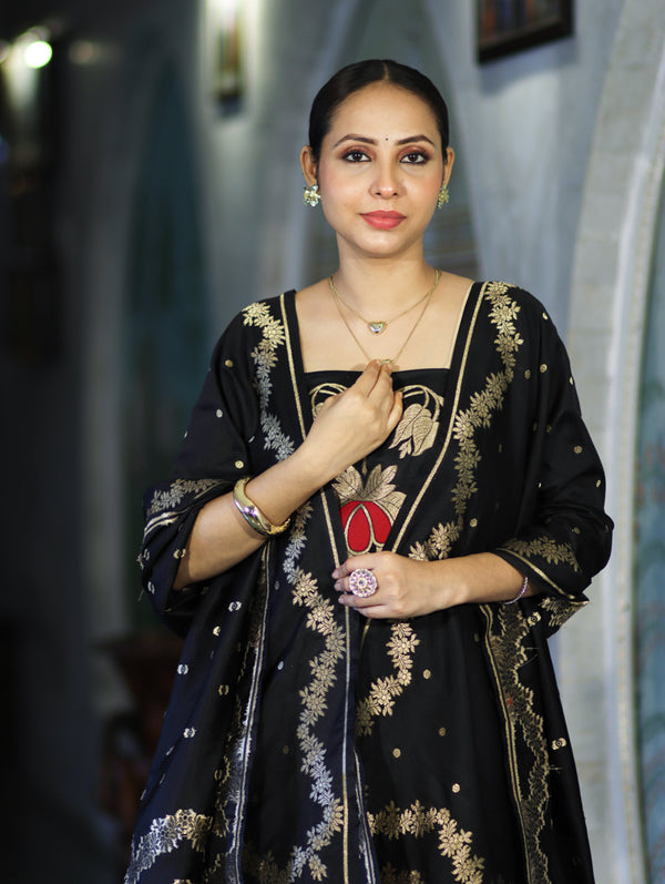 Banarasee Semi Katan Zari Work Salwar Kameez Fabric With Dupatta Set-Black