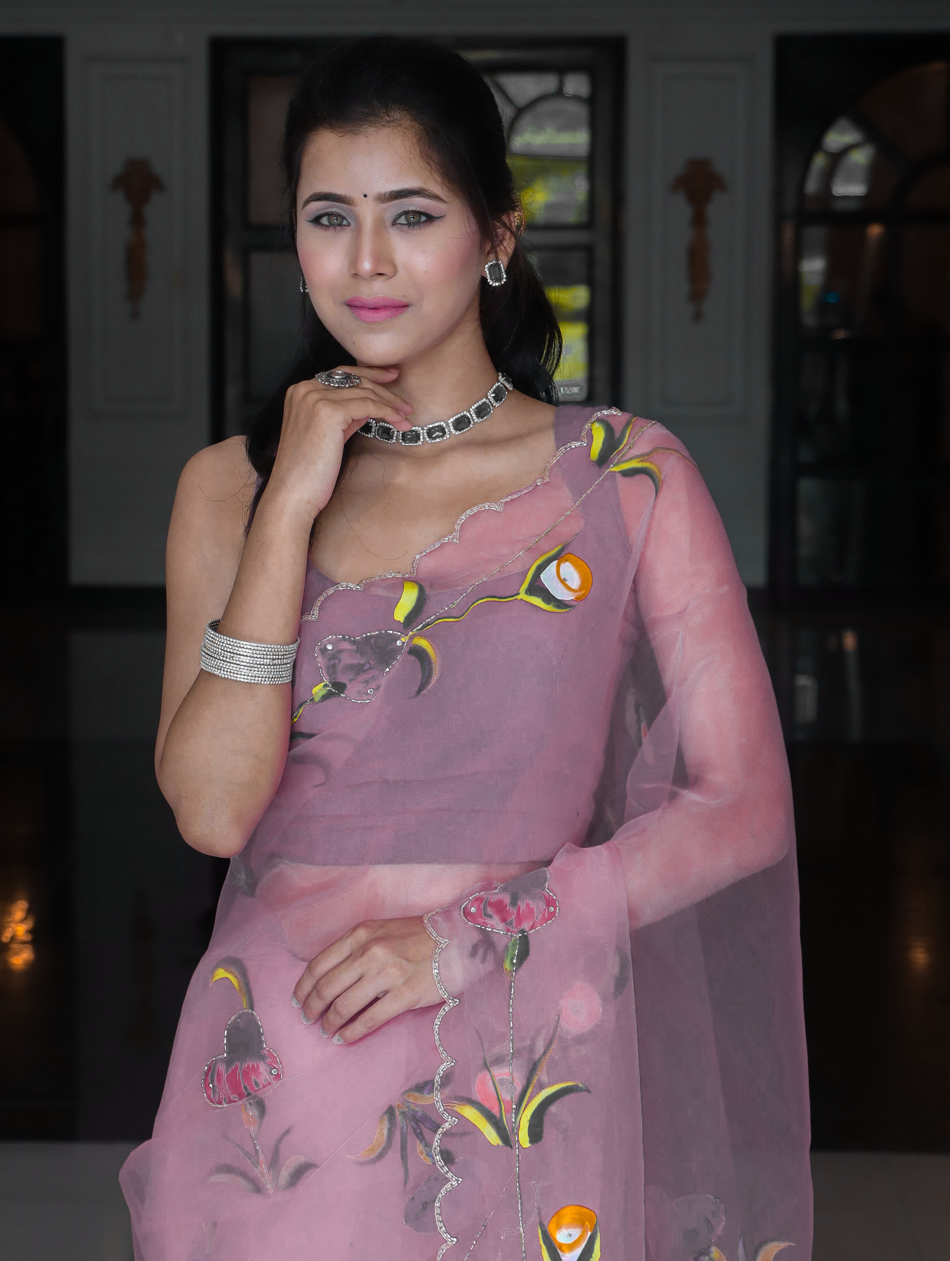 Banarasee Organza Saree With Handpainted Design and Cutdana Embroidery-Lavender