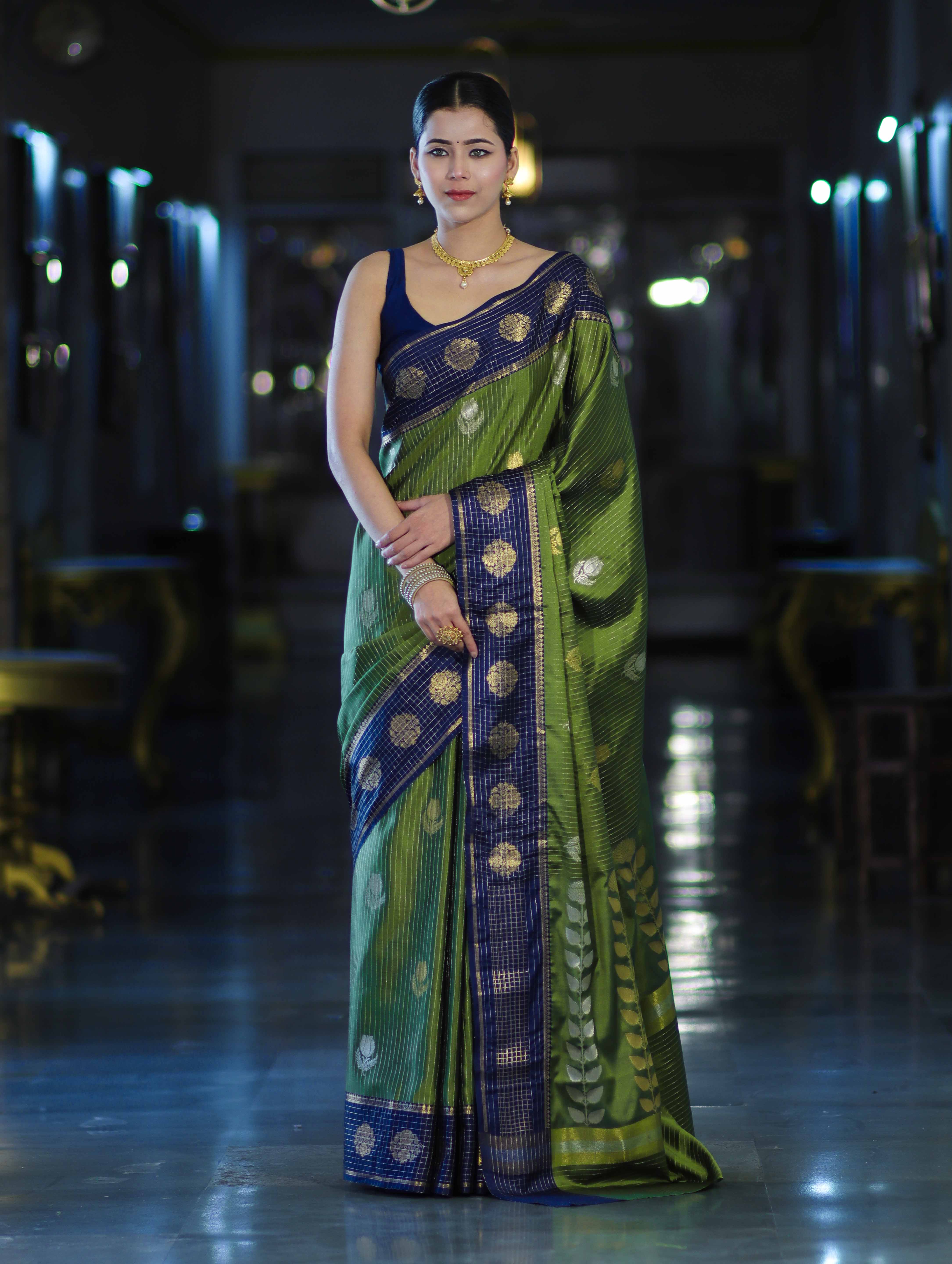 Banarasee Handloom Semi Silk Saree With Zari Buta Work & Contrast Border-Green & Blue