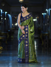 Banarasee Handloom Semi Silk Saree With Zari Buta Work & Contrast Border-Green & Blue