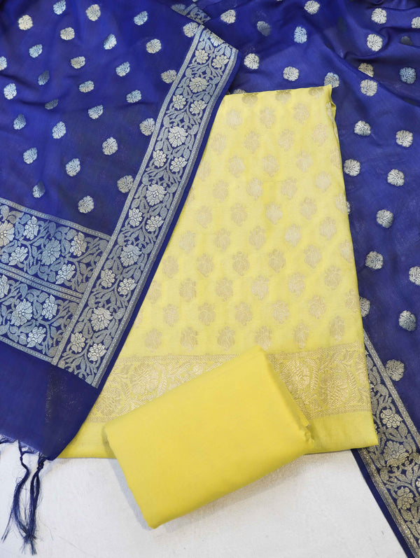 Banarasee Semi-Silk Zari Buti Work Salwar Kameez Fabric With Contrast Dupatta Set-Light Yellow & Blue