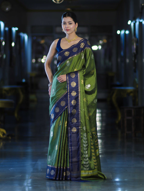 Banarasee Handloom Semi Silk Saree With Zari Buta Work & Contrast Border-Green & Blue