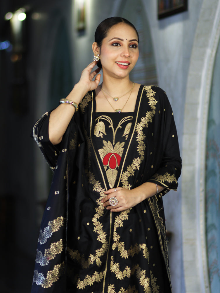 Banarasee Semi Katan Zari Work Salwar Kameez Fabric With Dupatta Set-Black