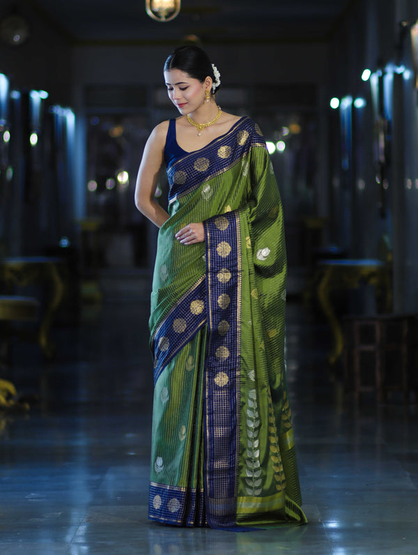 Banarasee Handloom Semi Silk Saree With Zari Buta Work & Contrast Border-Green & Blue
