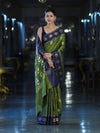 Banarasee Handloom Semi Silk Saree With Zari Buta Work & Contrast Border-Green & Blue