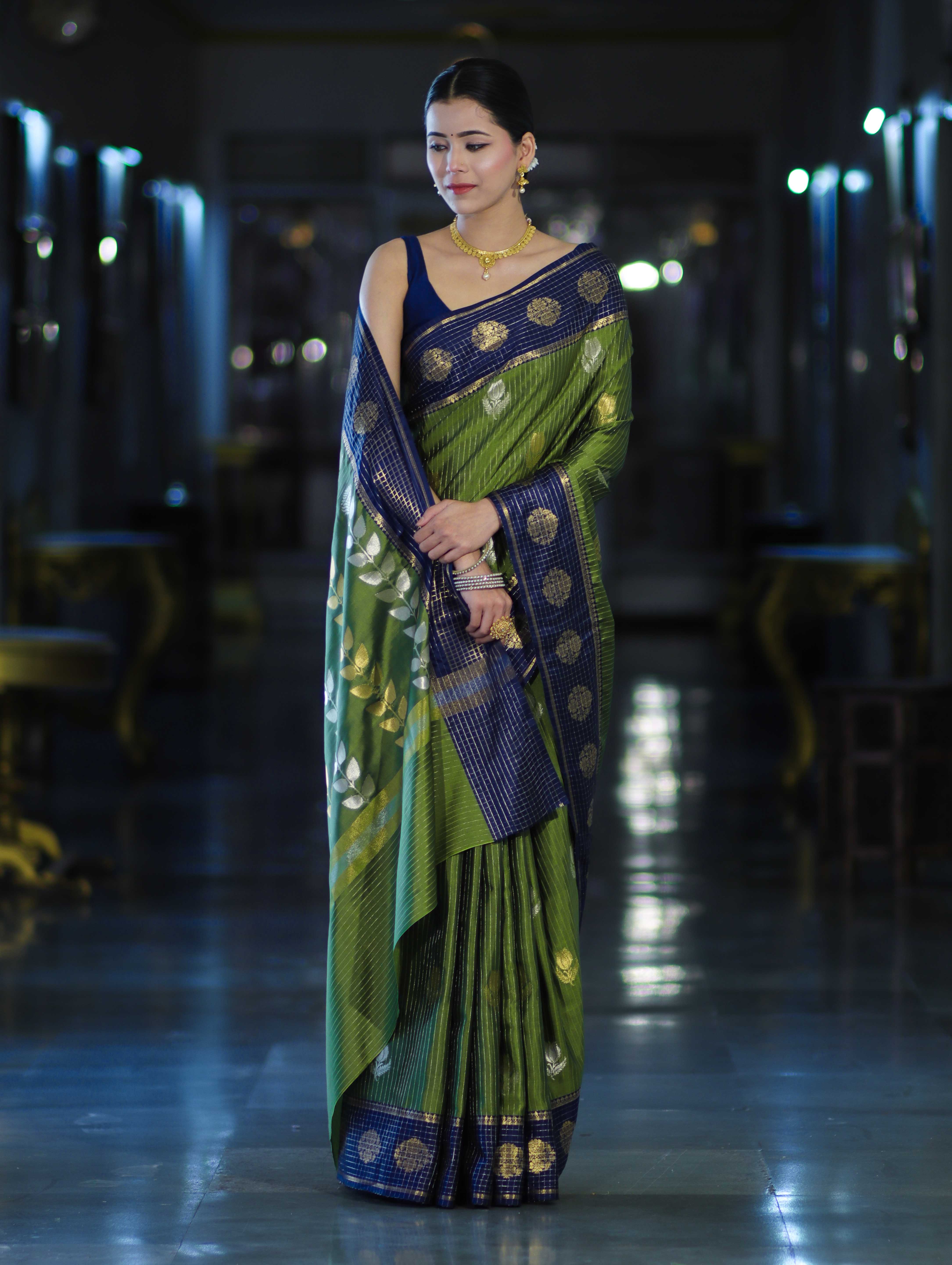 Banarasee Handloom Semi Silk Saree With Zari Buta Work & Contrast Border-Green & Blue