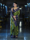 Banarasee Handloom Semi Silk Saree With Zari Buta Work & Contrast Border-Green & Blue