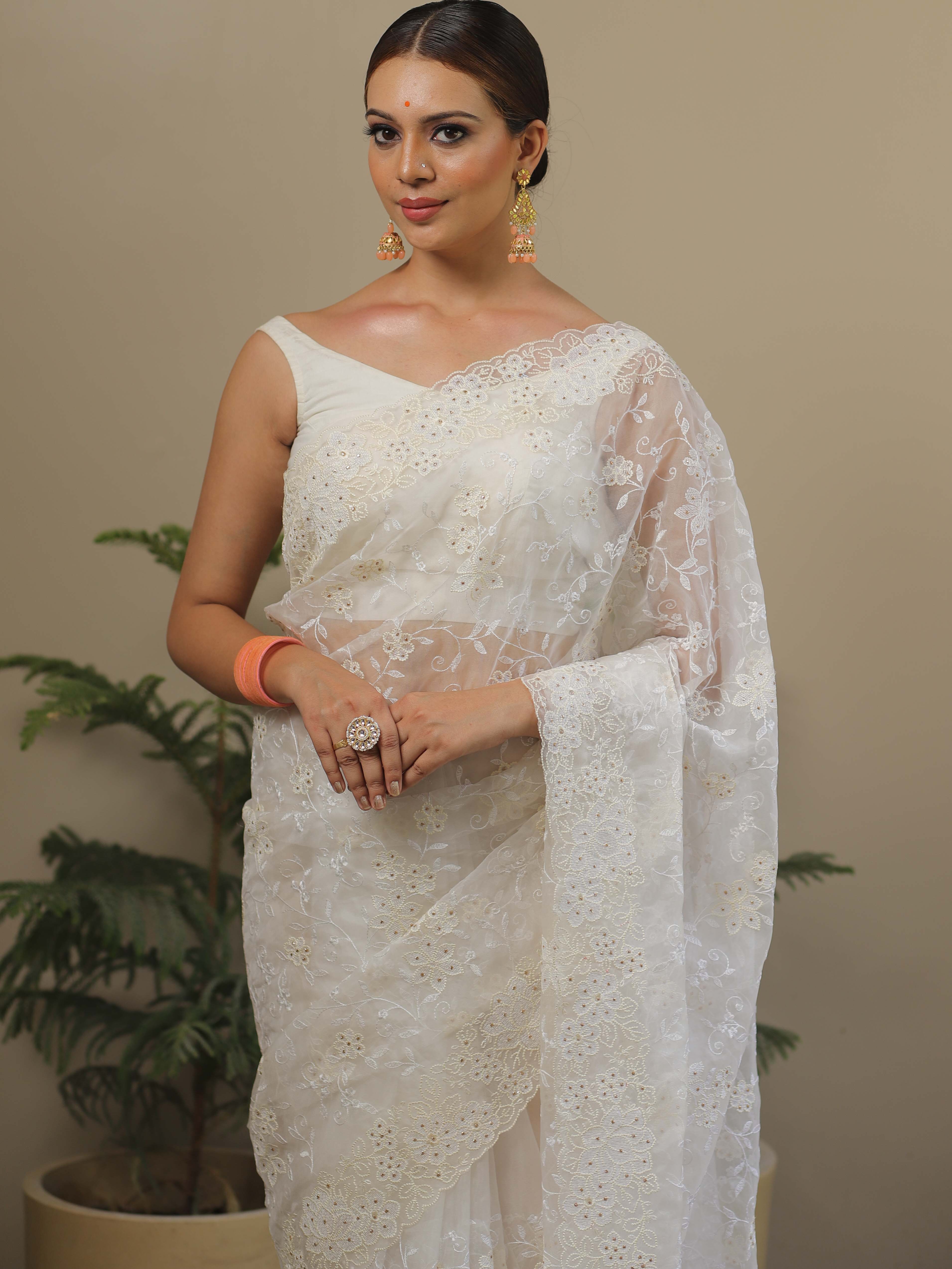 Banarasee Handwoven Organza Floral Embroidery Saree-White