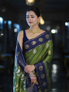 Banarasee Handloom Semi Silk Saree With Zari Buta Work & Contrast Border-Green & Blue