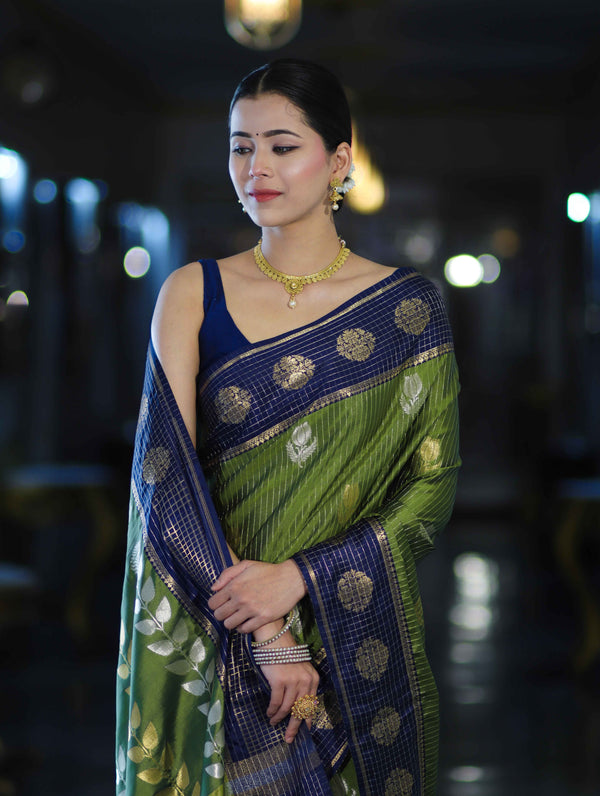 Banarasee Handloom Semi Silk Saree With Zari Buta Work & Contrast Border-Green & Blue