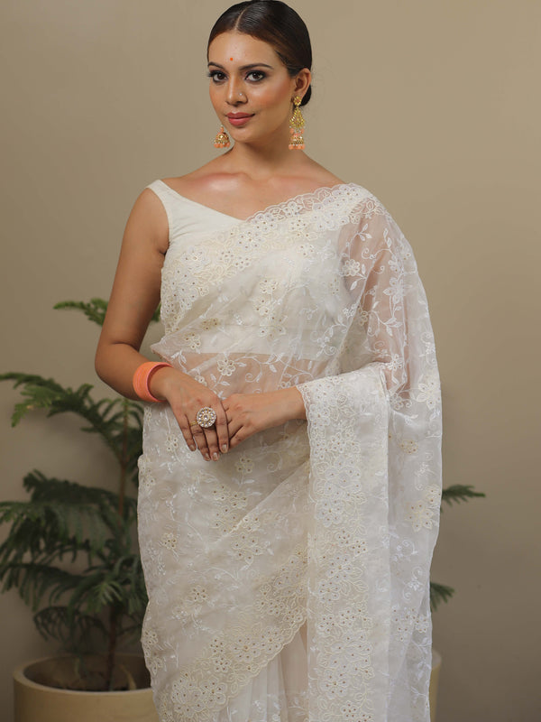 Banarasee Handwoven Organza Floral Embroidery Saree-White