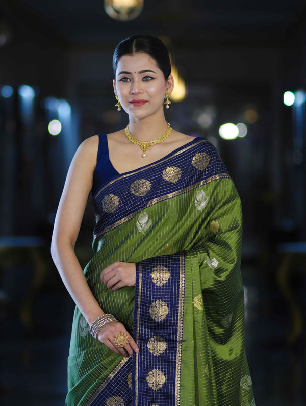 Banarasee Handloom Semi Silk Saree With Zari Buta Work & Contrast Border-Green & Blue