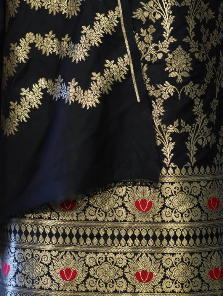 Banarasee Semi Katan Zari Work Salwar Kameez Fabric With Dupatta Set-Black