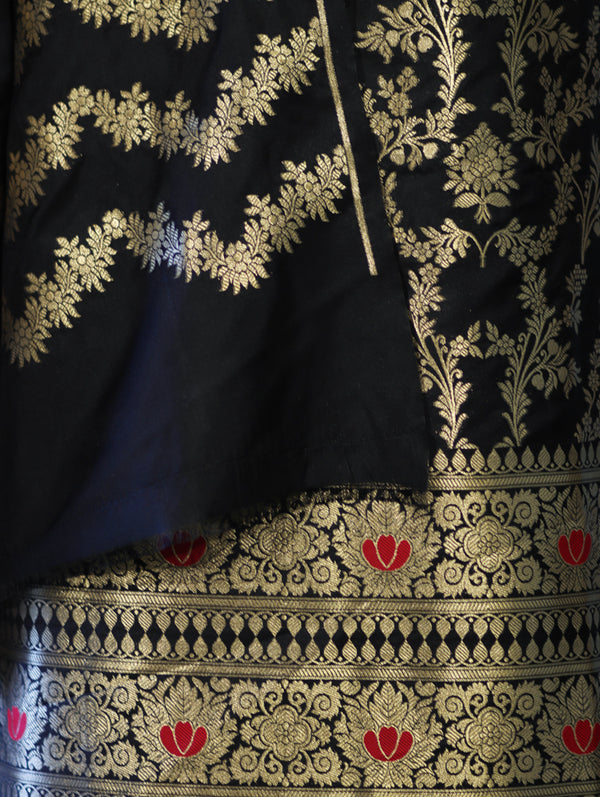 Banarasee Semi Katan Zari Work Salwar Kameez Fabric With Dupatta Set-Black