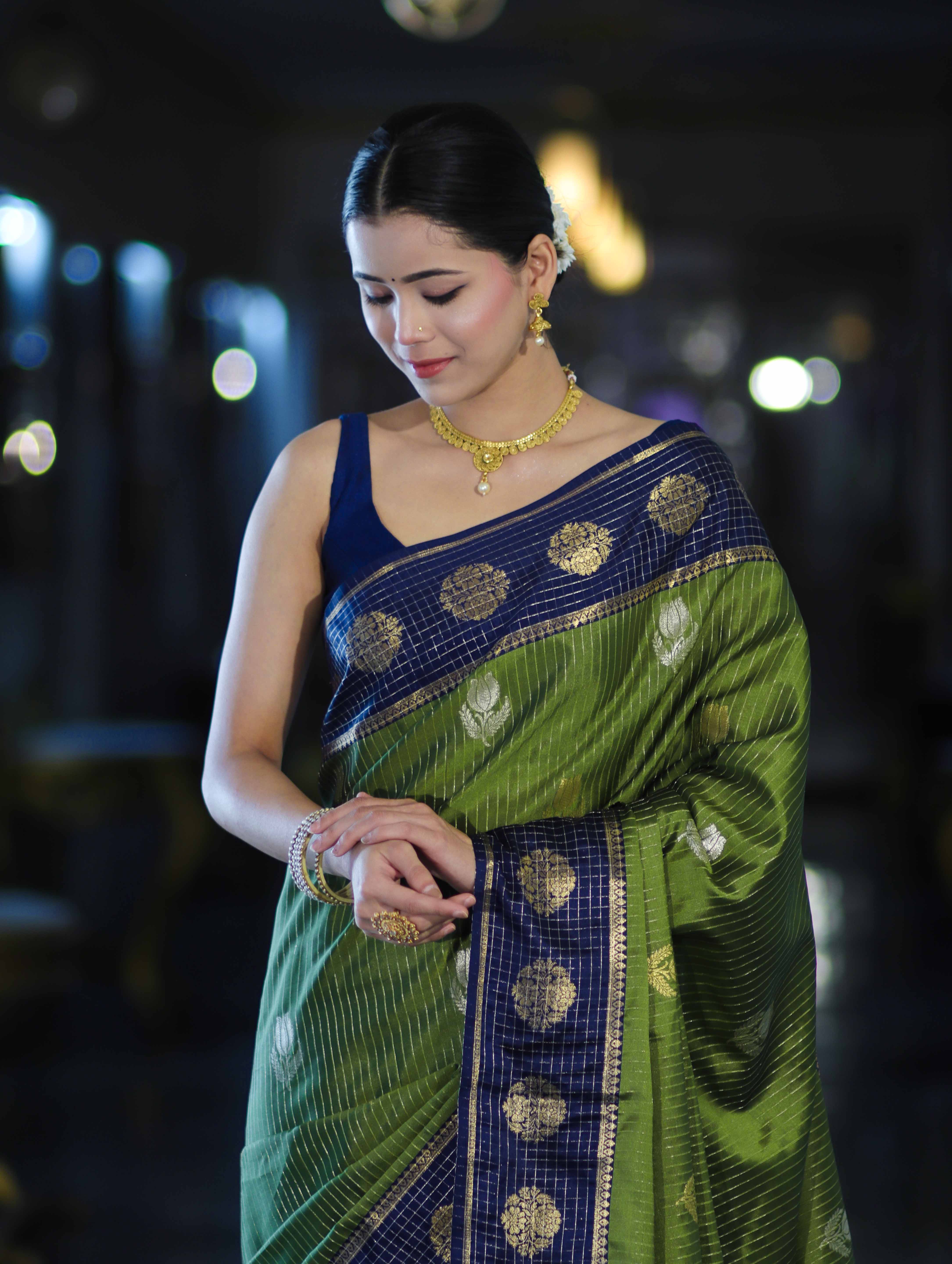 Banarasee Handloom Semi Silk Saree With Zari Buta Work & Contrast Border-Green & Blue