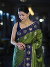 Banarasee Handloom Semi Silk Saree With Zari Buta Work & Contrast Border-Green & Blue