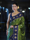 Banarasee Handloom Semi Silk Saree With Zari Buta Work & Contrast Border-Green & Blue