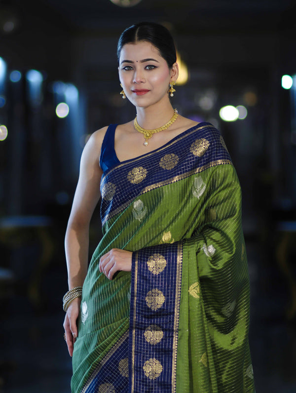 Banarasee Handloom Semi Silk Saree With Zari Buta Work & Contrast Border-Green & Blue