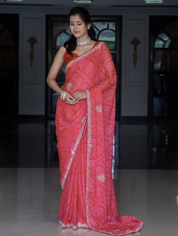Banarasee Chinon Bandhani Print Saree With Katdana Border-Peach