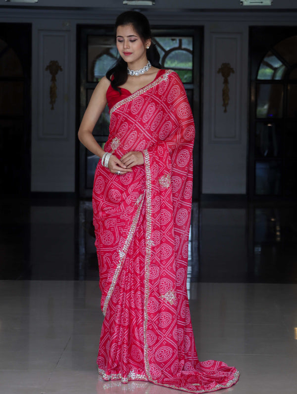 Banarasee Chinon Bandhani Print Saree With Katdana Border-Pink