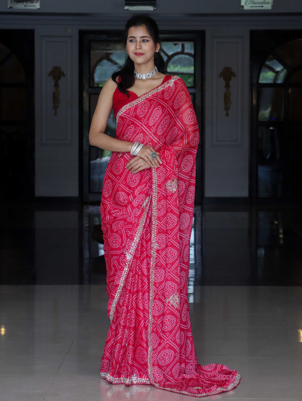 Banarasee Chinon Bandhani Print Saree With Katdana Border-Pink