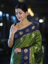 Banarasee Handloom Semi Silk Saree With Zari Buta Work & Contrast Border-Green & Blue
