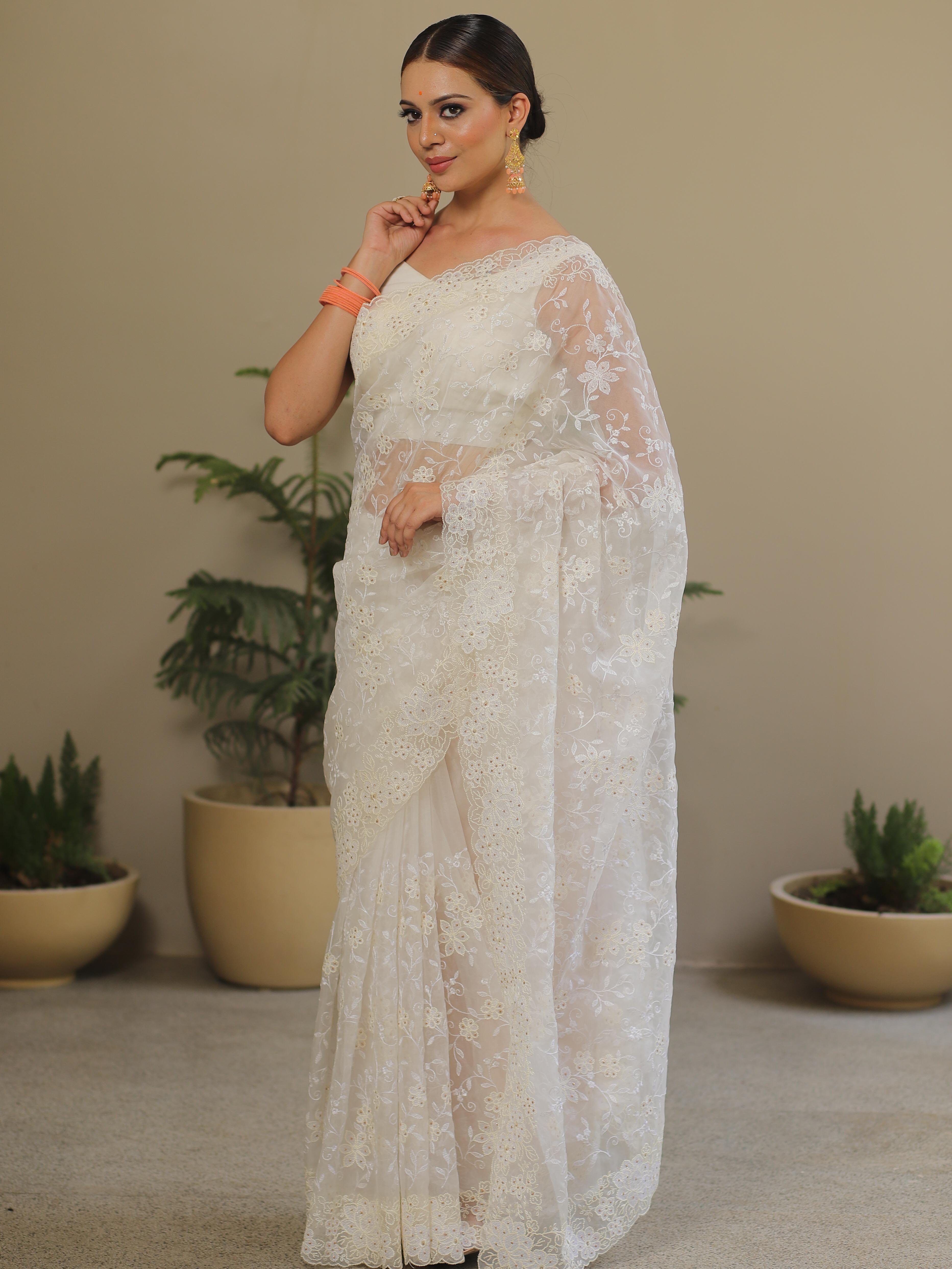 Banarasee Handwoven Organza Floral Embroidery Saree-White