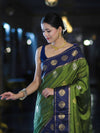Banarasee Handloom Semi Silk Saree With Zari Buta Work & Contrast Border-Green & Blue