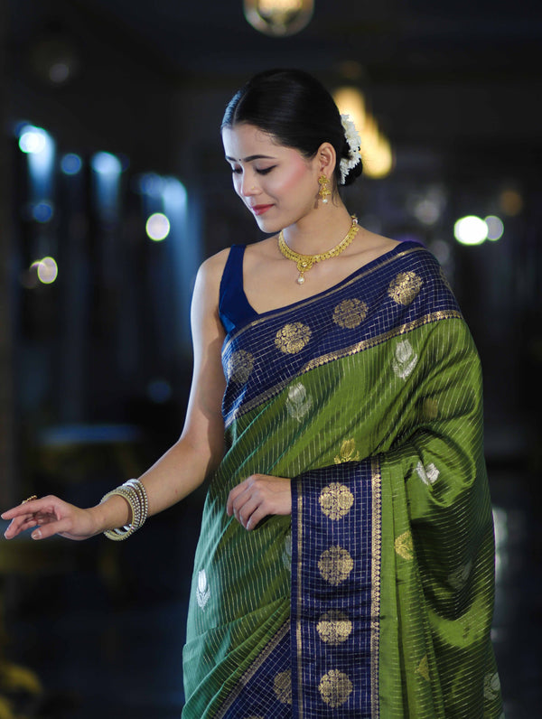 Banarasee Handloom Semi Silk Saree With Zari Buta Work & Contrast Border-Green & Blue