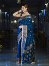 Banarasee Handwoven Faux Georgette Saree With Antique Zari Work Floral Border & Lace-Teal Blue