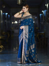 Banarasee Handwoven Faux Georgette Saree With Antique Zari Work Floral Border & Lace-Teal Blue
