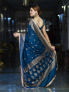 Banarasee Handwoven Faux Georgette Saree With Antique Zari Work Floral Border & Lace-Teal Blue