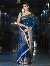 Banarasee Handwoven Faux Georgette Saree With Antique Zari Work Floral Border & Lace-Teal Blue