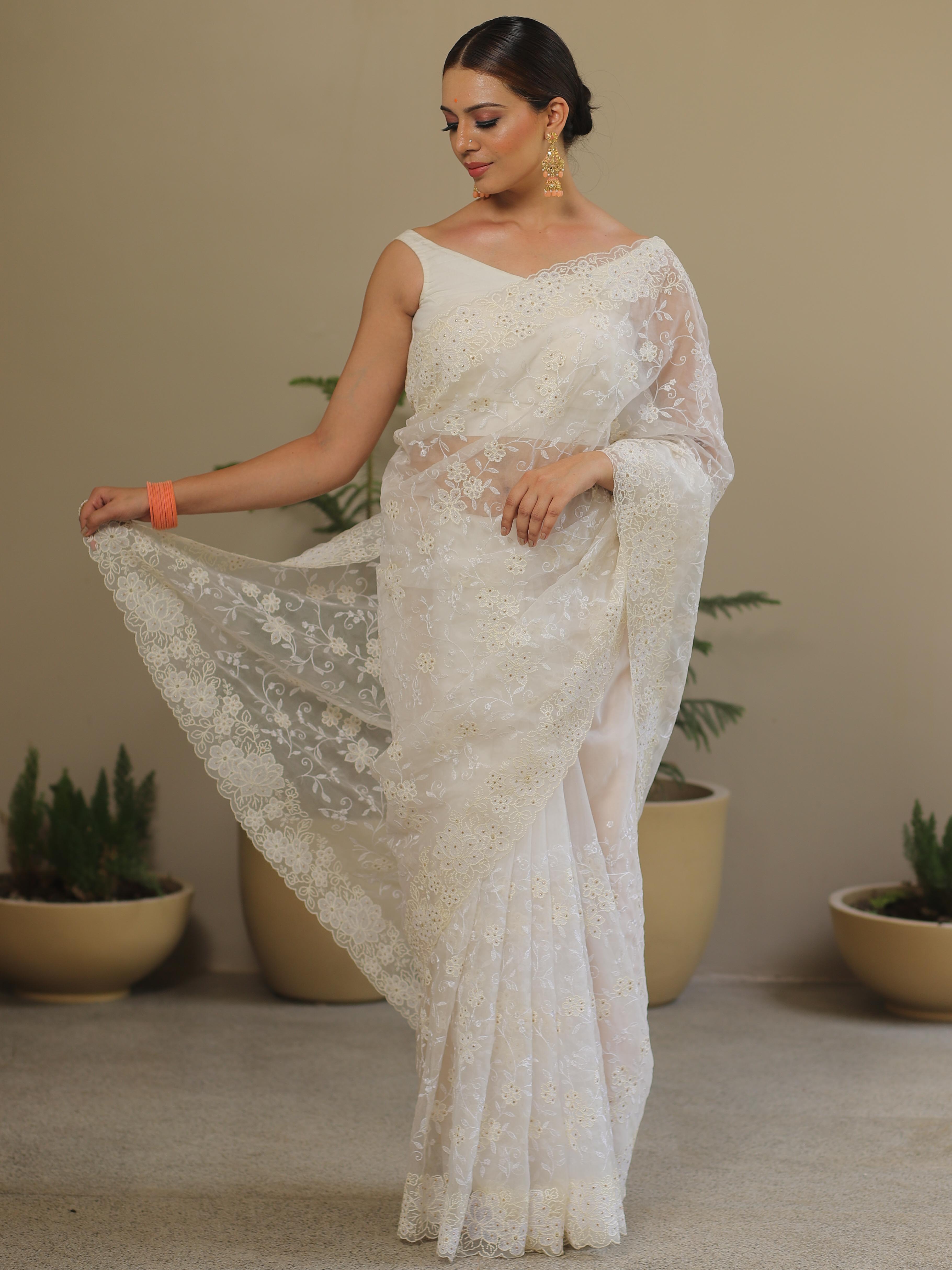 Banarasee Handwoven Organza Floral Embroidery Saree-White