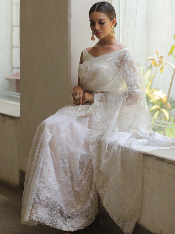 Banarasee Handwoven Organza Floral Embroidery Saree-White