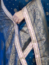 Banarasee Handwoven Faux Georgette Saree With Antique Zari Work Floral Border & Lace-Teal Blue