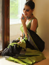 Banarasee Handloom Pure Linen Saree With Contrast Border-Black & Green