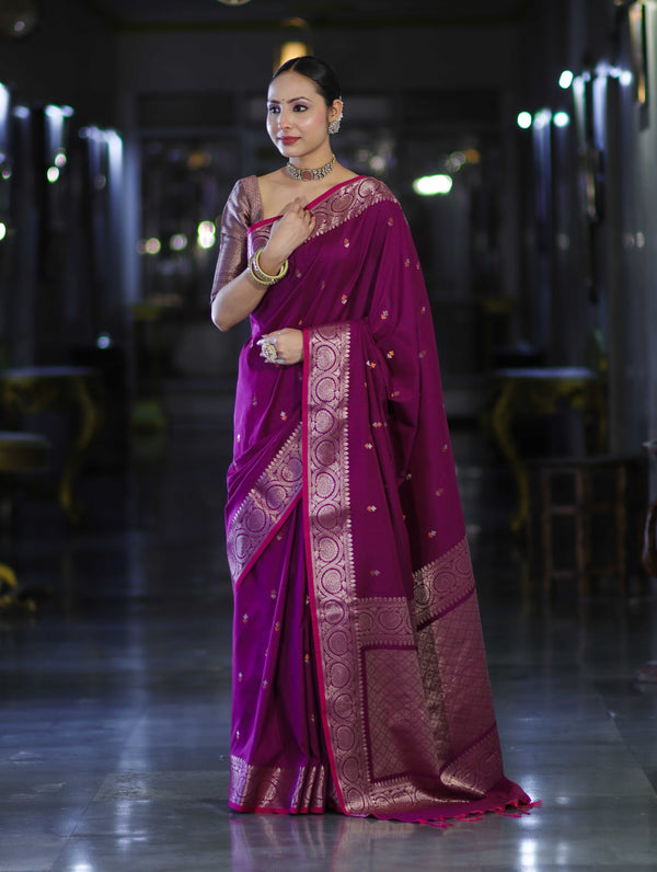 Banarasee Handloom Dual Tone Semi Silk Saree With Buti Design & Border-Wine