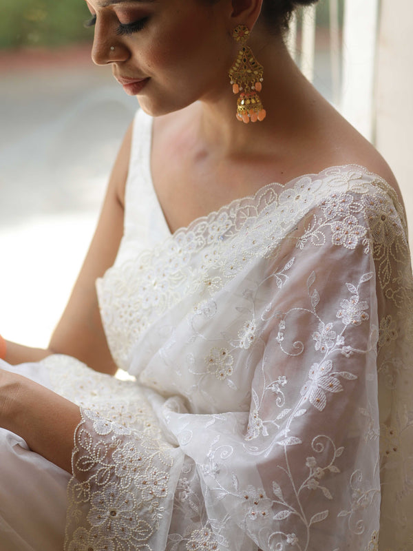 Banarasee Handwoven Organza Floral Embroidery Saree-White