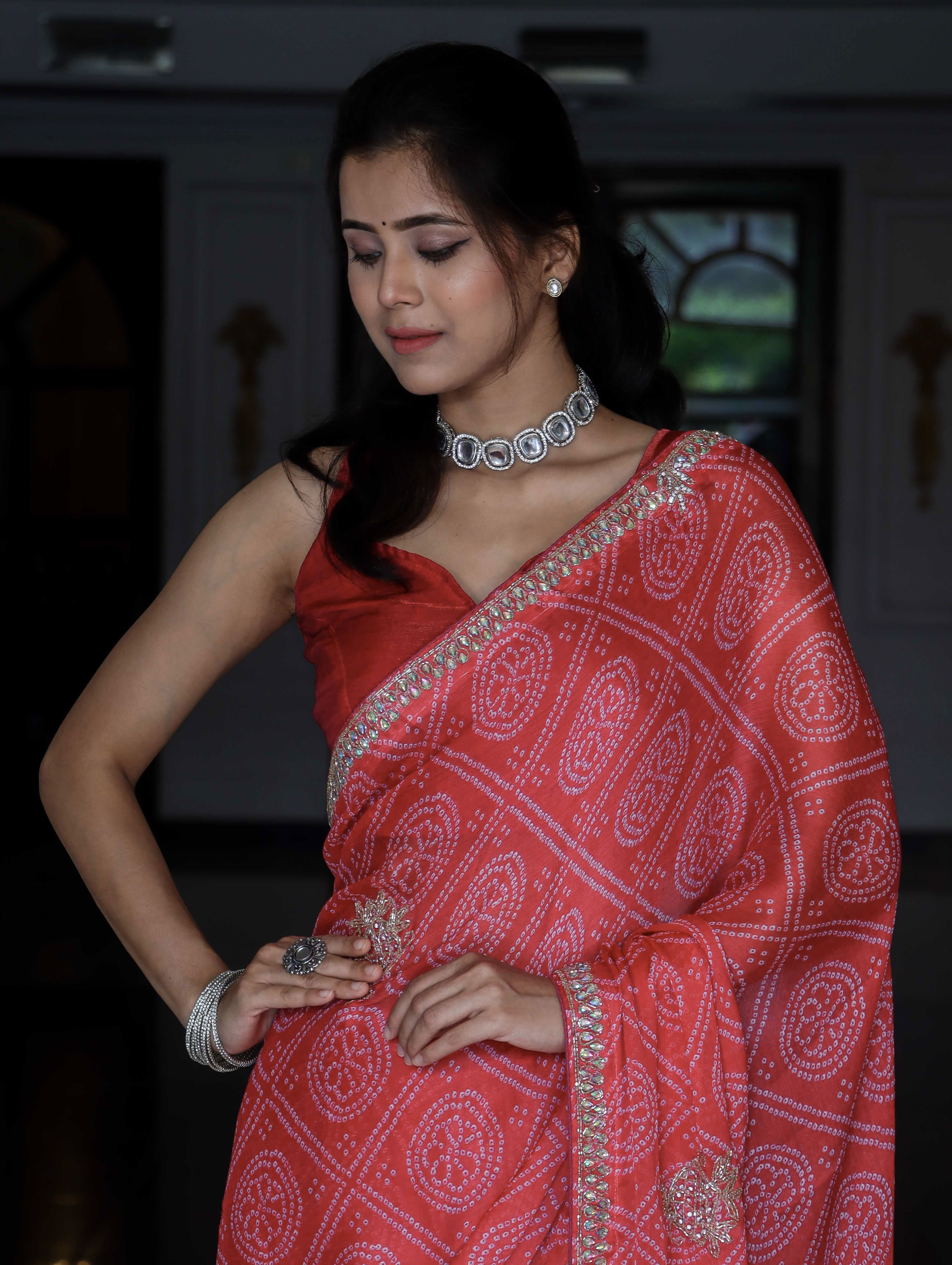 Banarasee Chinon Bandhani Print Saree With Katdana Border-Peach