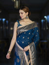 Banarasee Handwoven Faux Georgette Saree With Antique Zari Work Floral Border & Lace-Teal Blue