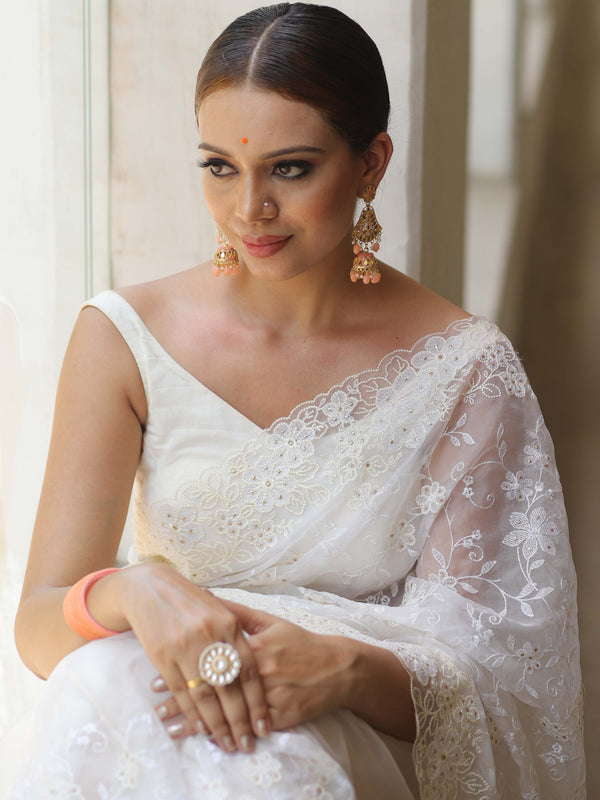 Banarasee Handwoven Organza Floral Embroidery Saree-White
