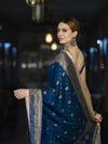 Banarasee Handwoven Faux Georgette Saree With Antique Zari Work Floral Border & Lace-Teal Blue